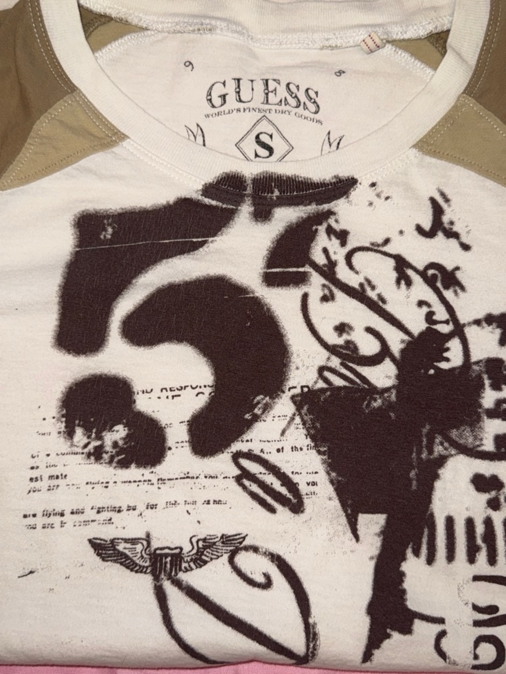 Y2K GUESS White Tee with Black Graphic and Tan Accents